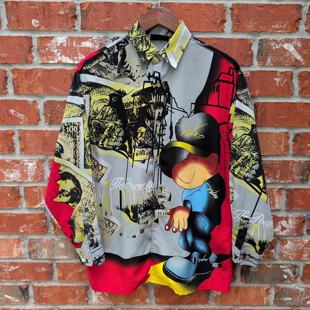 Webs Graphic Print Button Up Shirt Mens XL Multicolor Street Art Vintage Y2K